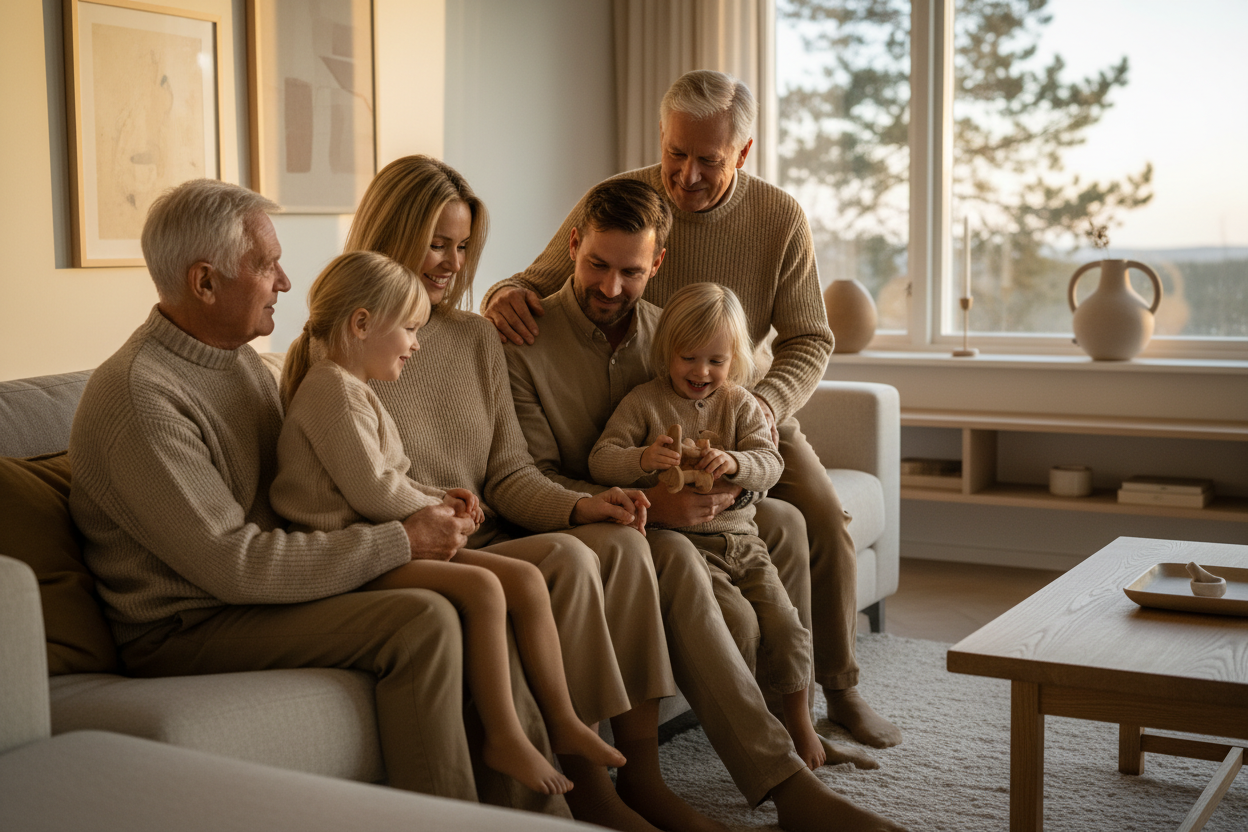 Tre generationer av en familj i ett varmt hem